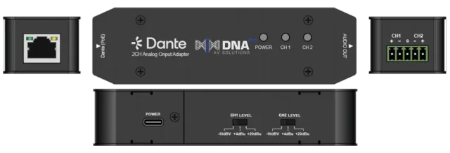 2-Channel Dante Audio Input to Analog Audio Output Adapter